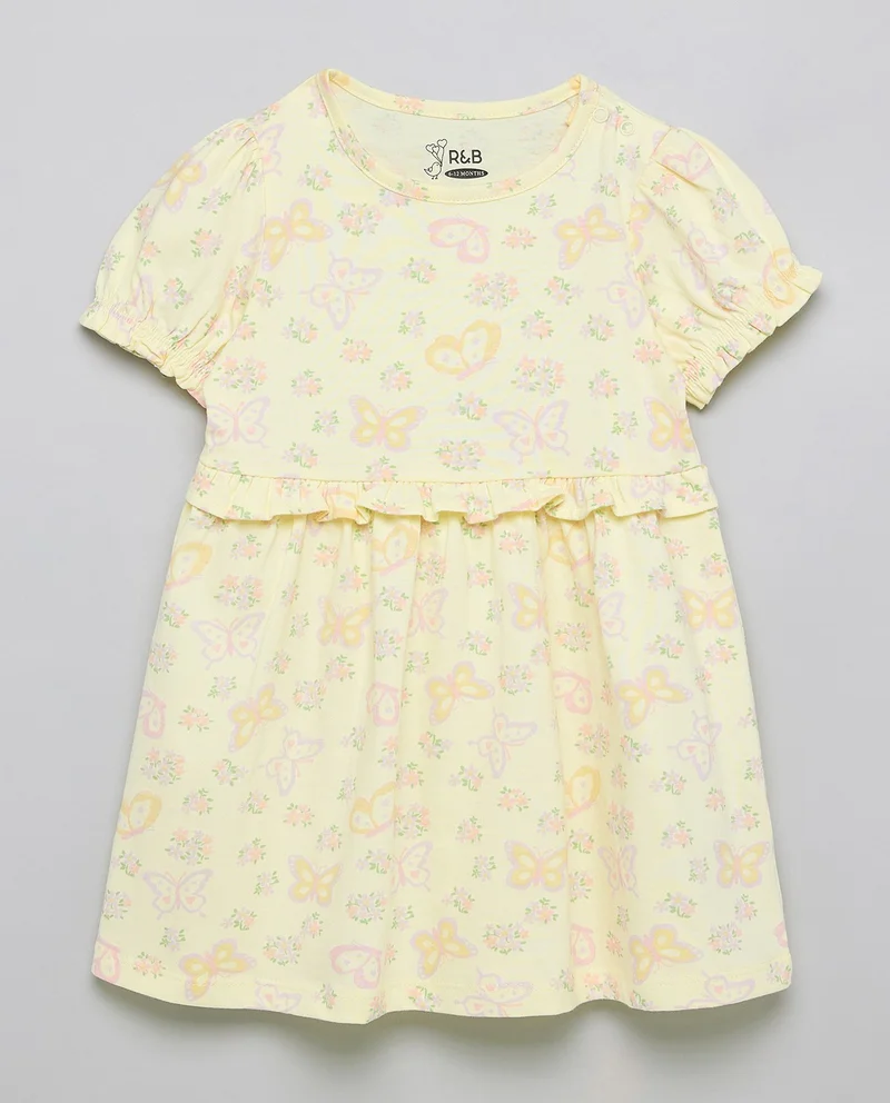 أر أند بي Printed A-Line Dress with Crew Neck and Puff Sleeves