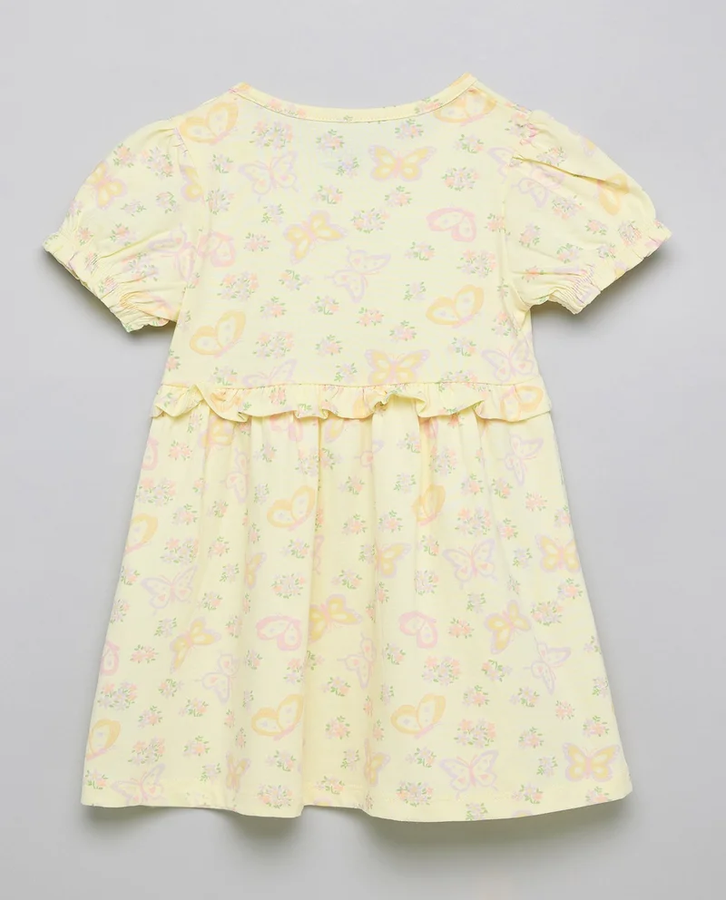 أر أند بي Printed A-Line Dress with Crew Neck and Puff Sleeves