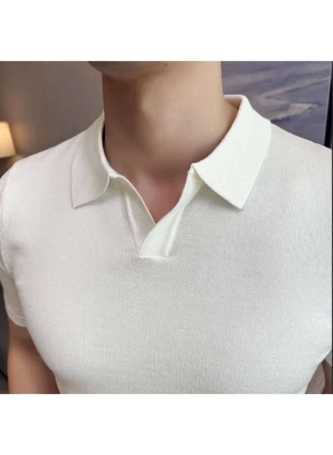 Cool Tarz Cool Style Men's White Plaid Short Sleeve Polo Neck Knit T-Shirt - Image 1