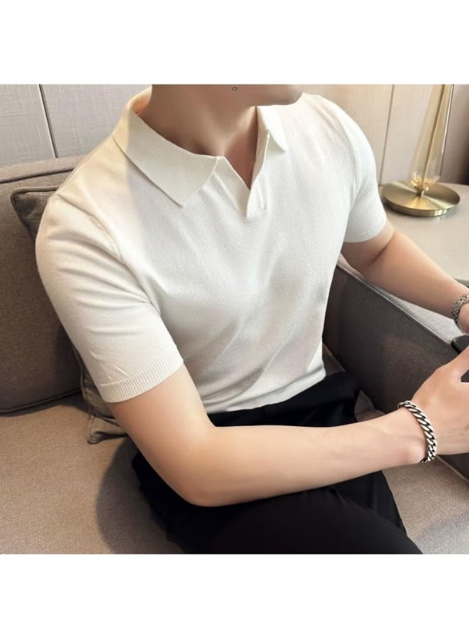 Cool Tarz Cool Style Men's White Plaid Short Sleeve Polo Neck Knit T-Shirt - Image 3