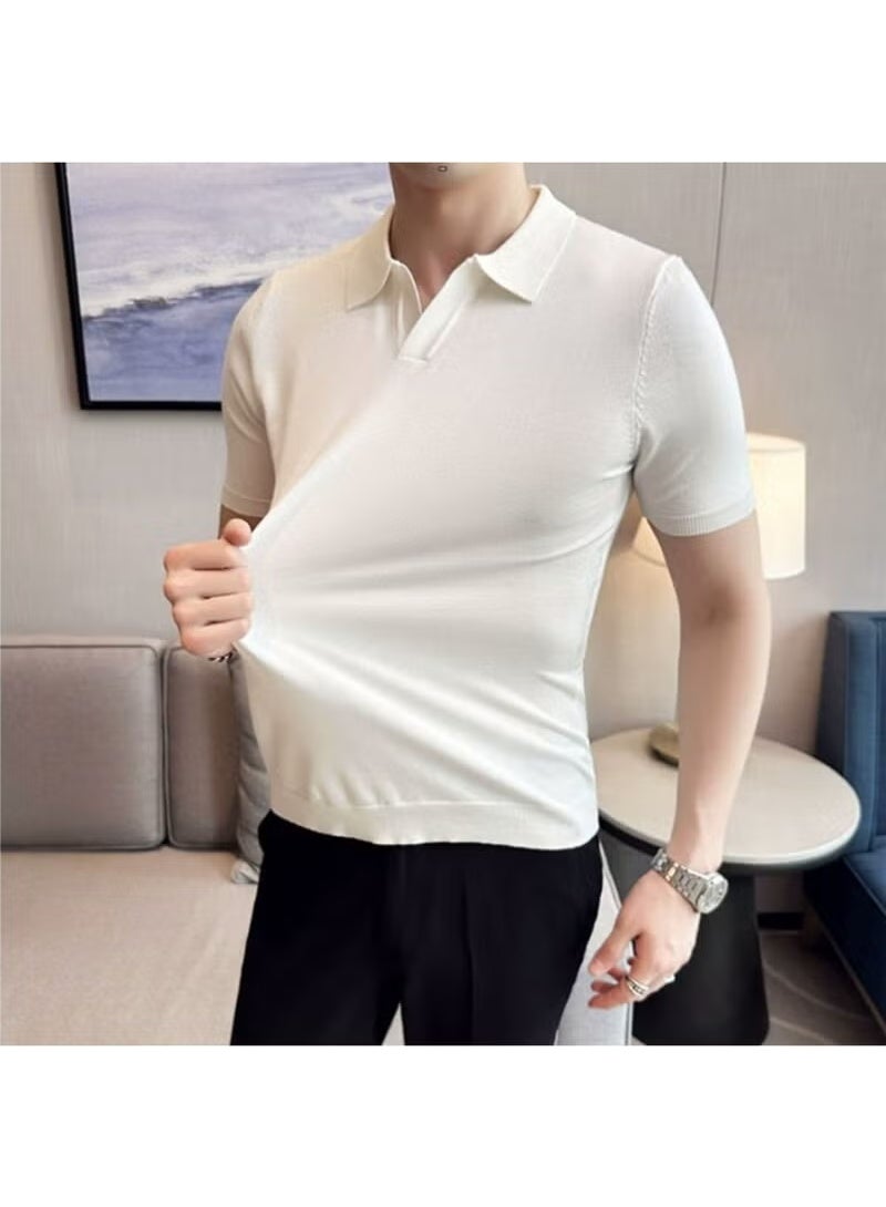 Cool Tarz Cool Style Men's White Plaid Short Sleeve Polo Neck Knit T-Shirt - Image 2