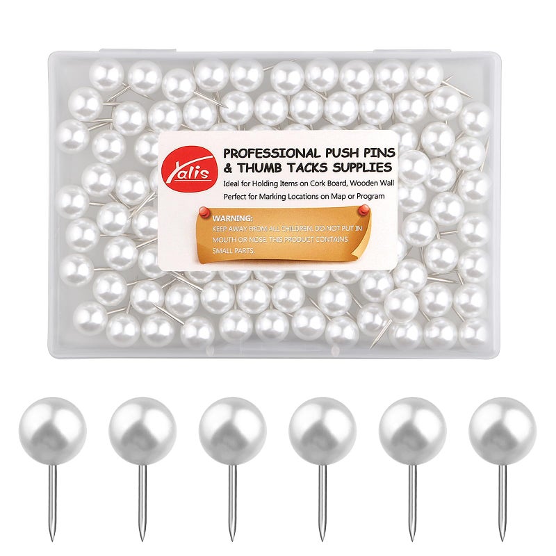 Yalis Push Pins 1/3 Inch Map Tacks 100-Count Large Size Pins Steel Point and Plastic Round Head (Pearl) - Image 1