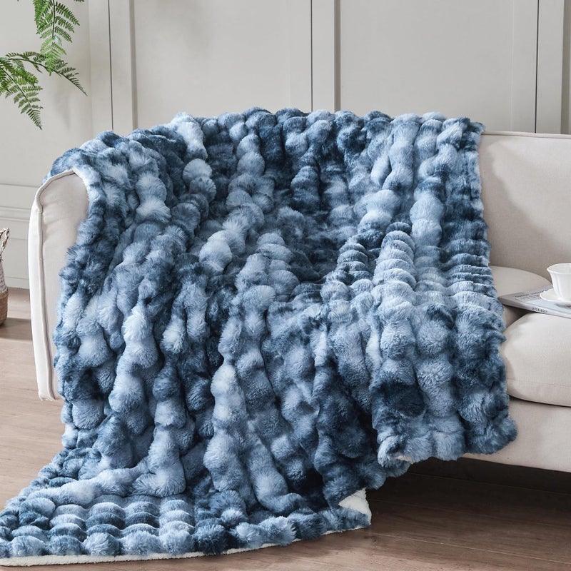 Serenhom 50x60 Inches Ultra-Soft Fuzzy Faux Fur Plush Throw Blanket - Thick  Warm Sherpa for Couch  Sofa  Bedroom  Camping - Decorative Blanket for Cozy Warmth  Bubble Dark Blue Tie Dye - Image 1