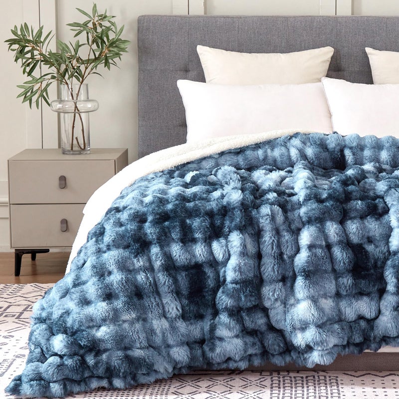 Serenhom 50x60 Inches Ultra-Soft Fuzzy Faux Fur Plush Throw Blanket - Thick  Warm Sherpa for Couch  Sofa  Bedroom  Camping - Decorative Blanket for Cozy Warmth  Bubble Dark Blue Tie Dye - Image 2