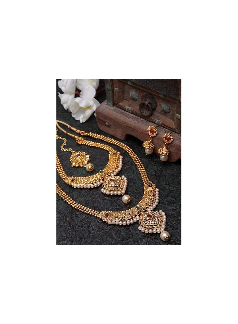 Shining Diva Fashion Shining Diva Fashion 18k Gold Plated Long Short Necklace Combo Stylish Traditional Pearl Jewellery Set for Women - Image 2