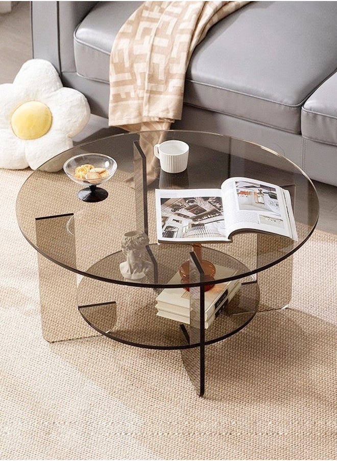 Multifunction 2-Tiers Minimalist Design Acrylic Round Coffee Table Strong Base Unique Shinny Center Table for Living Room Office 80x40 cm 