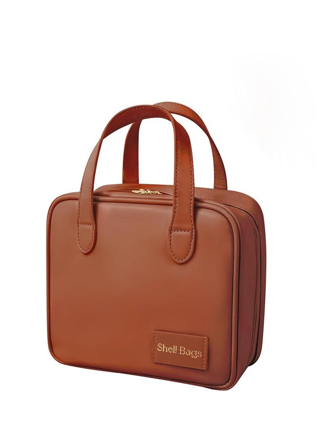 عام حقيبة مكياج محمولة صغيرة مصنوعة من الجلد، مقاومة للماء، مثالية للسفر للنساء، تحتوي على حامل فرش محمول ومنظمات وحافظات تخزين وعلب، توت سعر كيس للعناية بالبشرة مع سحاب. - Image 1