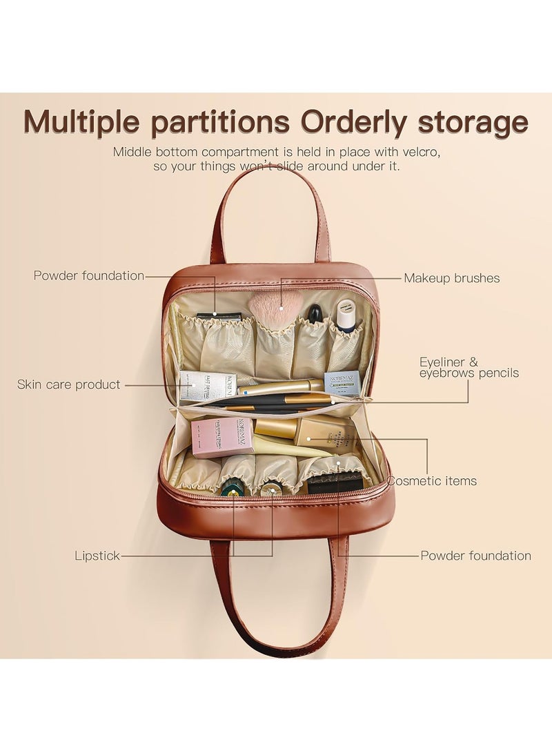 عام حقيبة مكياج محمولة صغيرة مصنوعة من الجلد، مقاومة للماء، مثالية للسفر للنساء، تحتوي على حامل فرش محمول ومنظمات وحافظات تخزين وعلب، توت سعر كيس للعناية بالبشرة مع سحاب. - Image 2