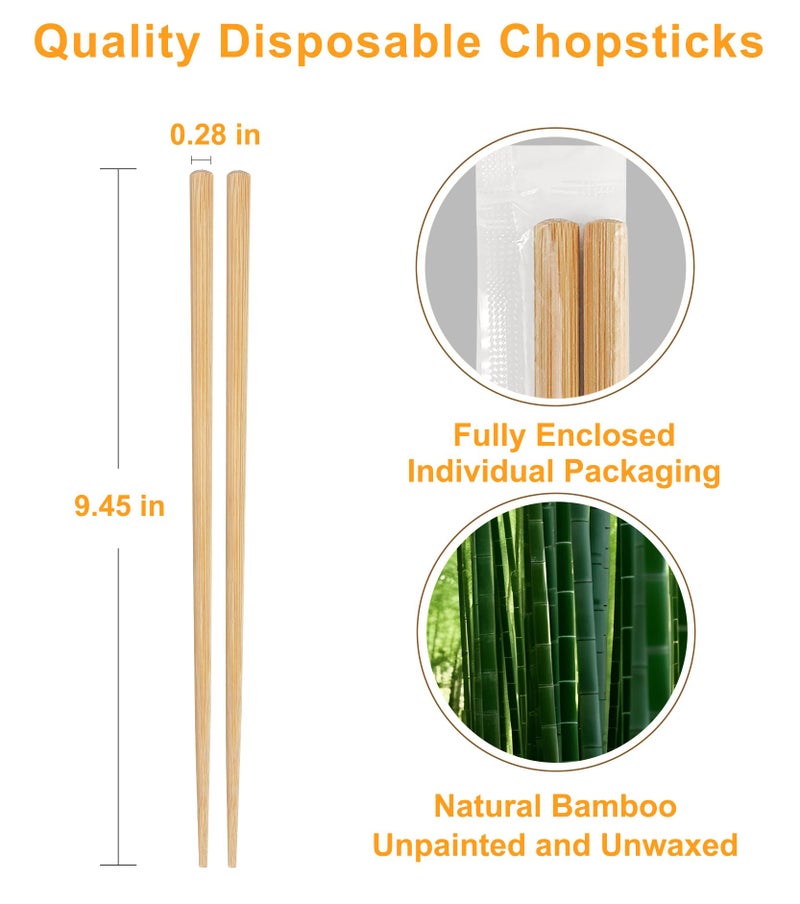 LOROTOCO 50 Pairs Chopsticks Disposable Reusable 9.5" Individually Wrapped Bulk Premium Quality - Image 2