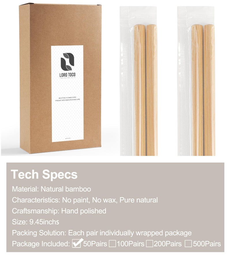 LOROTOCO 50 Pairs Chopsticks Disposable Reusable 9.5" Individually Wrapped Bulk Premium Quality - Image 3