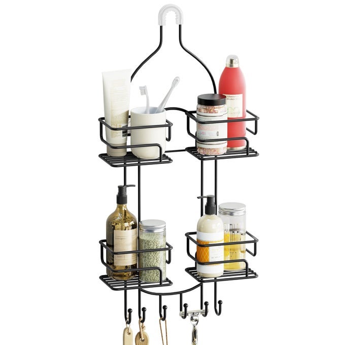 SHOWER CADDY HANGING OVER HEAD BATHROOM SHOWER ORGANIZER SHOWER RACK HOLDER WITH HOOKS FOR RAZORS BLACK