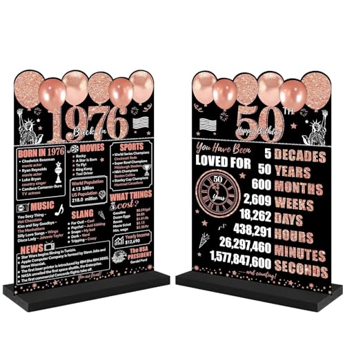 Guiruiy Rose Gold 50th Birthday Decorations for Women, Two-Sided Vintage 50 Back in 1976 Theme Poster Wooden Table Sign with Stand, Fifty Years Old Bday Centerpieces Display Holder for Table Decor - Image 1
