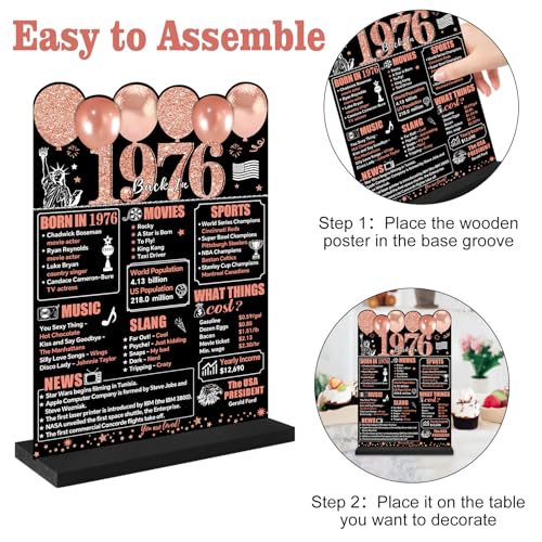 Guiruiy Rose Gold 50th Birthday Decorations for Women, Two-Sided Vintage 50 Back in 1976 Theme Poster Wooden Table Sign with Stand, Fifty Years Old Bday Centerpieces Display Holder for Table Decor - Image 3