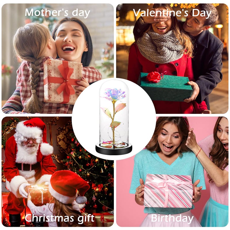 Veesee Galaxy Rose Flower Gifts for Women Led Light Up Rose in Glass Dome Gifts for Her for Mom Colorful Rainbow Glass Flower Home Decor Birthday Thanksgiving Christmas Anniversary Wedding Gifts - Image 5
