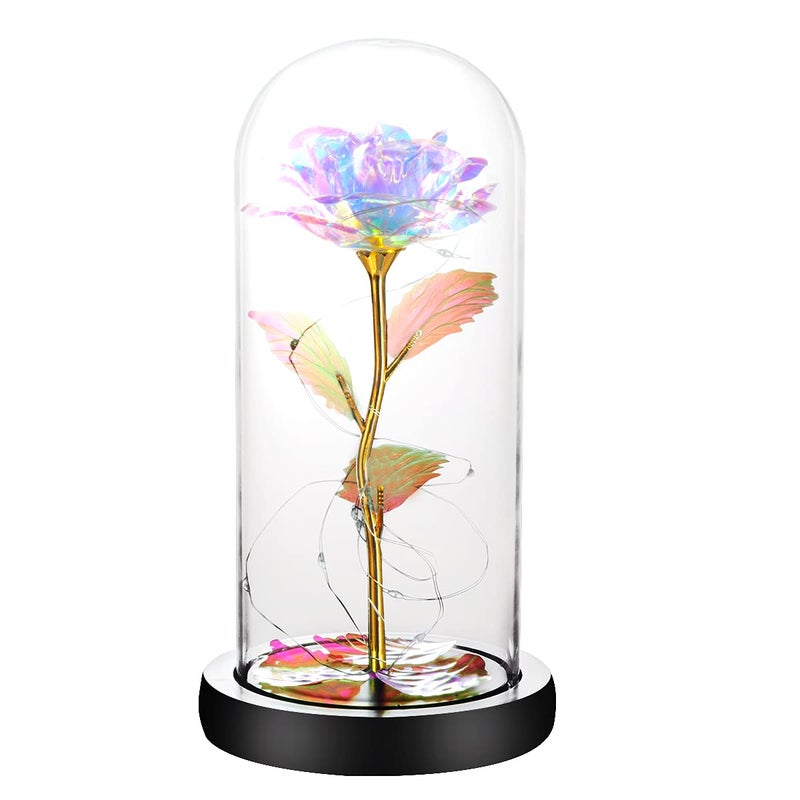 Veesee Galaxy Rose Flower Gifts for Women Led Light Up Rose in Glass Dome Gifts for Her for Mom Colorful Rainbow Glass Flower Home Decor Birthday Thanksgiving Christmas Anniversary Wedding Gifts - Image 1