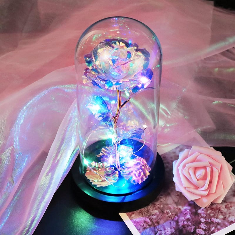Veesee Galaxy Rose Flower Gifts for Women Led Light Up Rose in Glass Dome Gifts for Her for Mom Colorful Rainbow Glass Flower Home Decor Birthday Thanksgiving Christmas Anniversary Wedding Gifts - Image 2