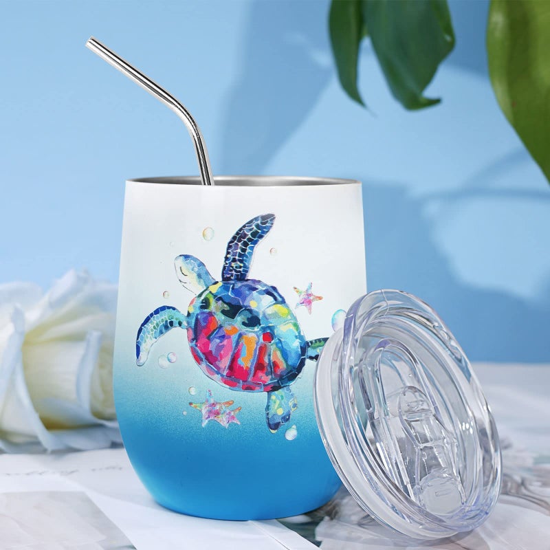 DOUDIZHU Sea Turtle Insulated Wine Tumbler for Women, Birthday Gift for Sea Turtle Lovers, 12 oz Stainless Steel Beach Wine Glass Mug Cup with Lid and Straw, Ocean Beach Gifts for Mom Best Friends Coworker - Image 3