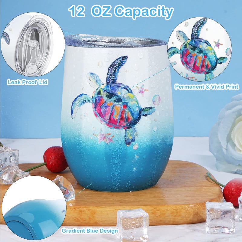 DOUDIZHU Sea Turtle Insulated Wine Tumbler for Women, Birthday Gift for Sea Turtle Lovers, 12 oz Stainless Steel Beach Wine Glass Mug Cup with Lid and Straw, Ocean Beach Gifts for Mom Best Friends Coworker - Image 4