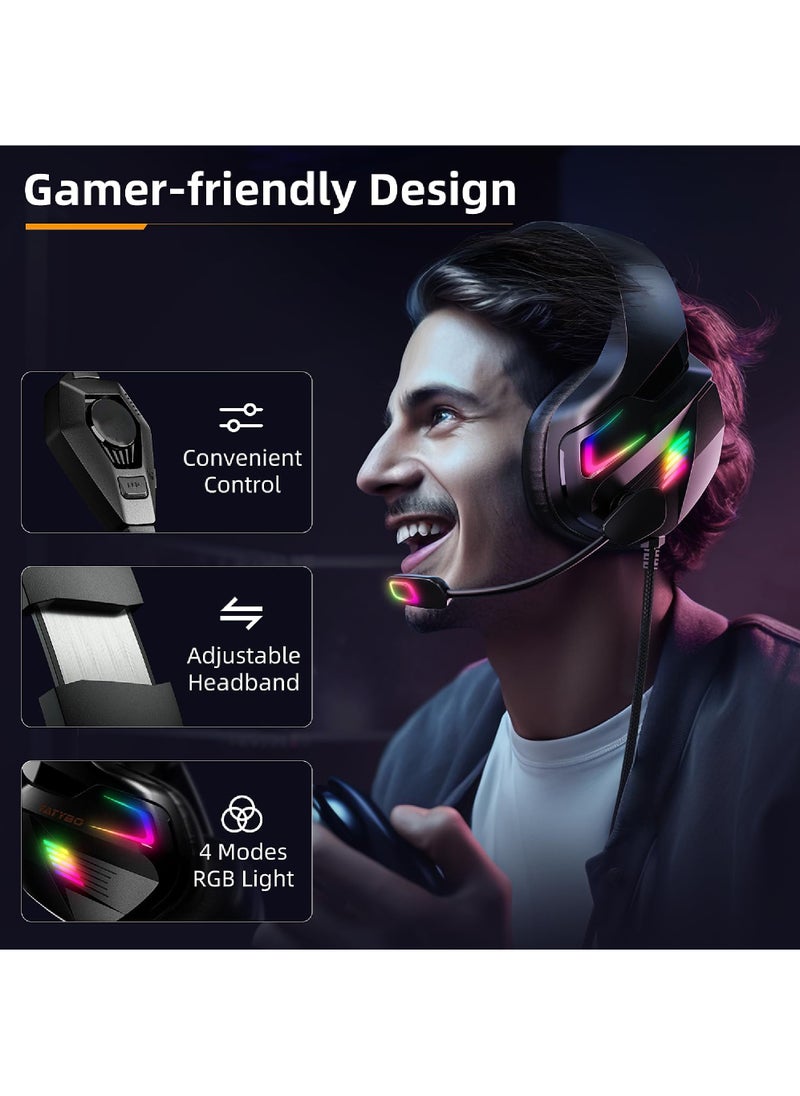 Rock Pow - Gaming Headset for PC PS5 PS4 XboxOne Gaming Headphone with 50mm Drivers 3D Surround Sound Noise-Cancelling Mic Soft Memory Earmuffs & 4 Modes RGB Light - Image 1