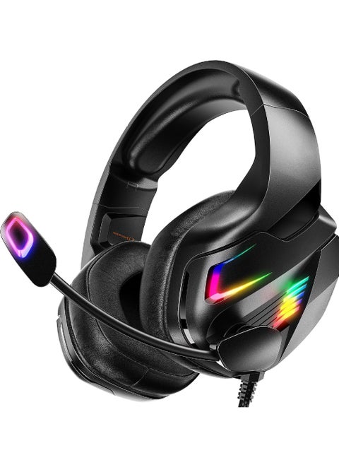 Gaming Headset for PC PS5 PS4 XboxOne Gaming Headphone with 50mm Drivers 3D Surround Sound Noise-Cancelling Mic Soft Memory Earmuffs & 4 Modes RGB Light
