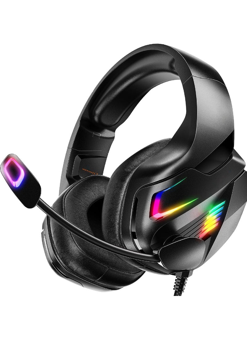 Rock Pow - Gaming Headset for PC PS5 PS4 XboxOne Gaming Headphone with 50mm Drivers 3D Surround Sound Noise-Cancelling Mic Soft Memory Earmuffs & 4 Modes RGB Light - Image 1