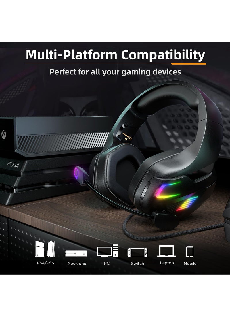 Rock Pow - Gaming Headset for PC PS5 PS4 XboxOne Gaming Headphone with 50mm Drivers 3D Surround Sound Noise-Cancelling Mic Soft Memory Earmuffs & 4 Modes RGB Light - Image 1