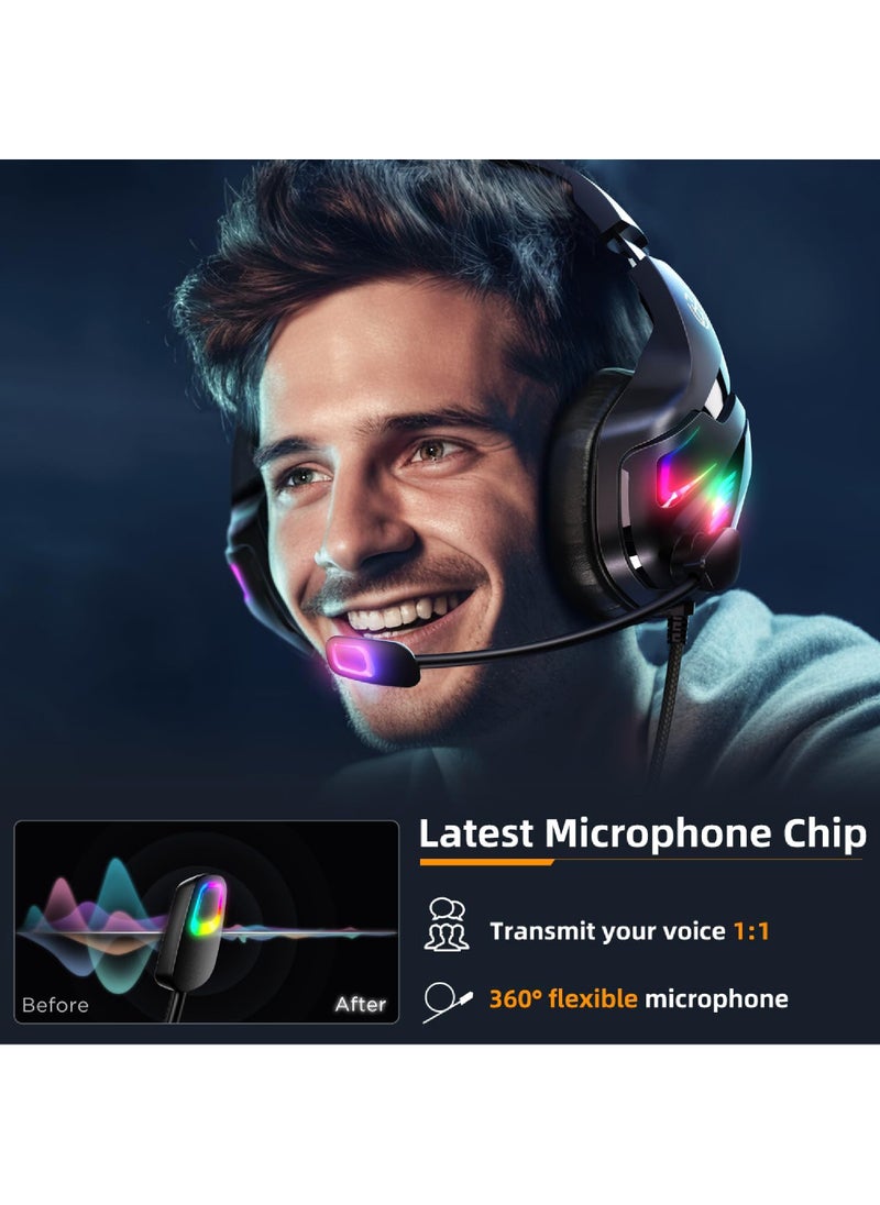 Rock Pow - Gaming Headset for PC PS5 PS4 XboxOne Gaming Headphone with 50mm Drivers 3D Surround Sound Noise-Cancelling Mic Soft Memory Earmuffs & 4 Modes RGB Light - Image 1
