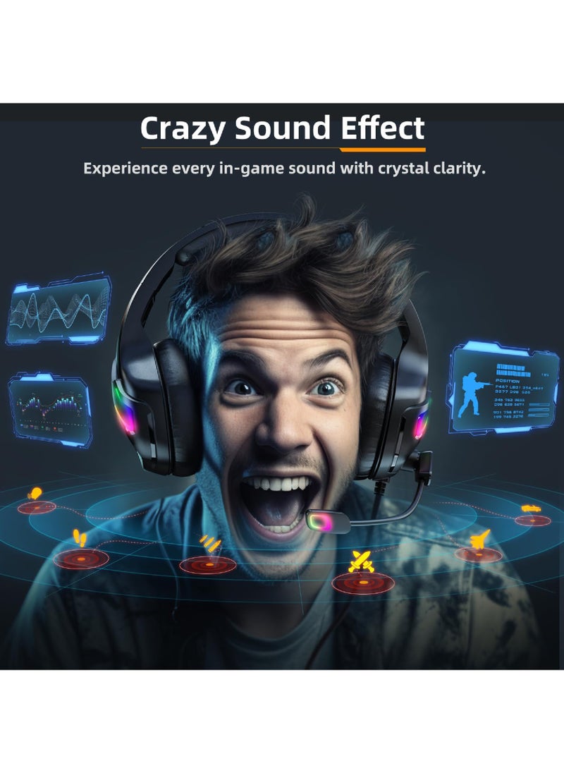 Rock Pow - Gaming Headset for PC PS5 PS4 XboxOne Gaming Headphone with 50mm Drivers 3D Surround Sound Noise-Cancelling Mic Soft Memory Earmuffs & 4 Modes RGB Light - Image 1