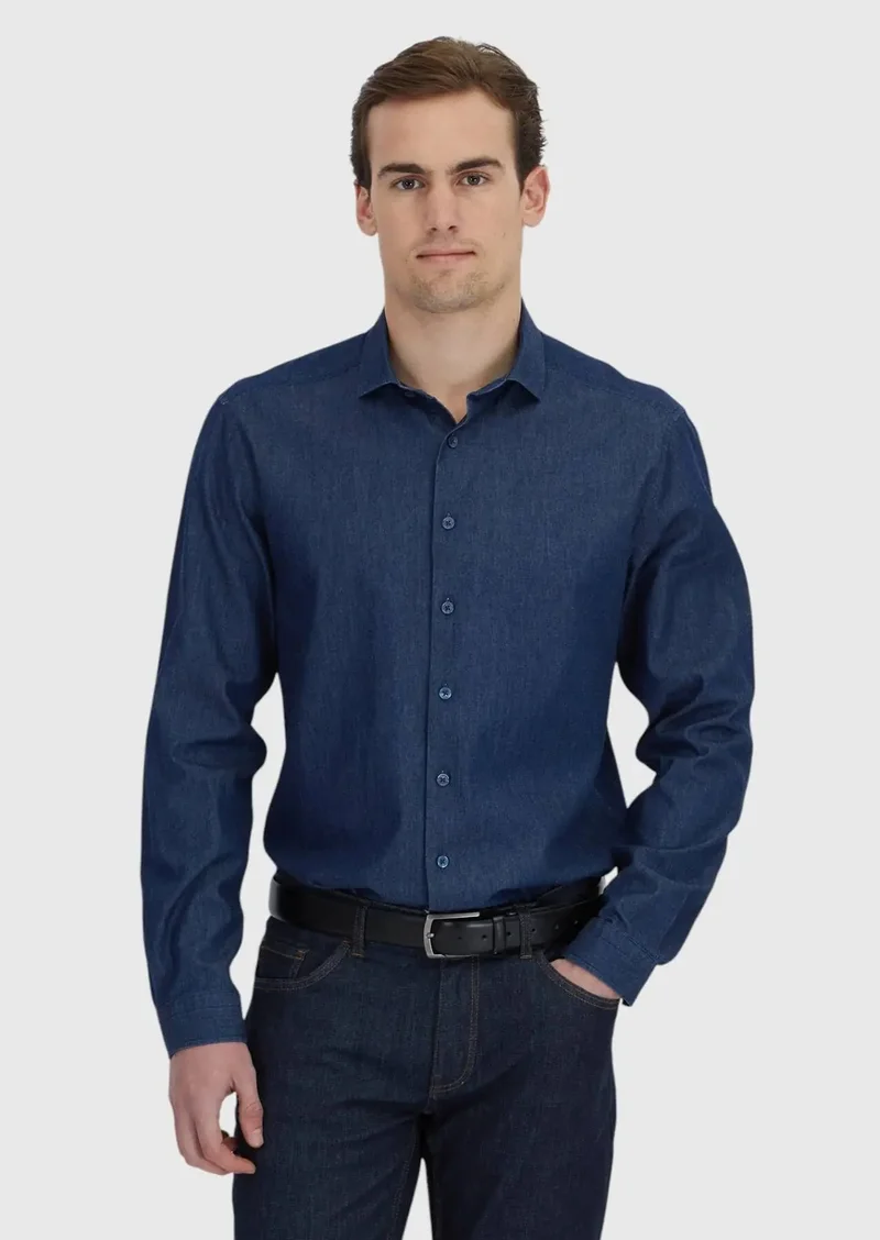 رامسي قميص قطني 100% سادة بلون النيلي، بقصة كاجوال مريحة.