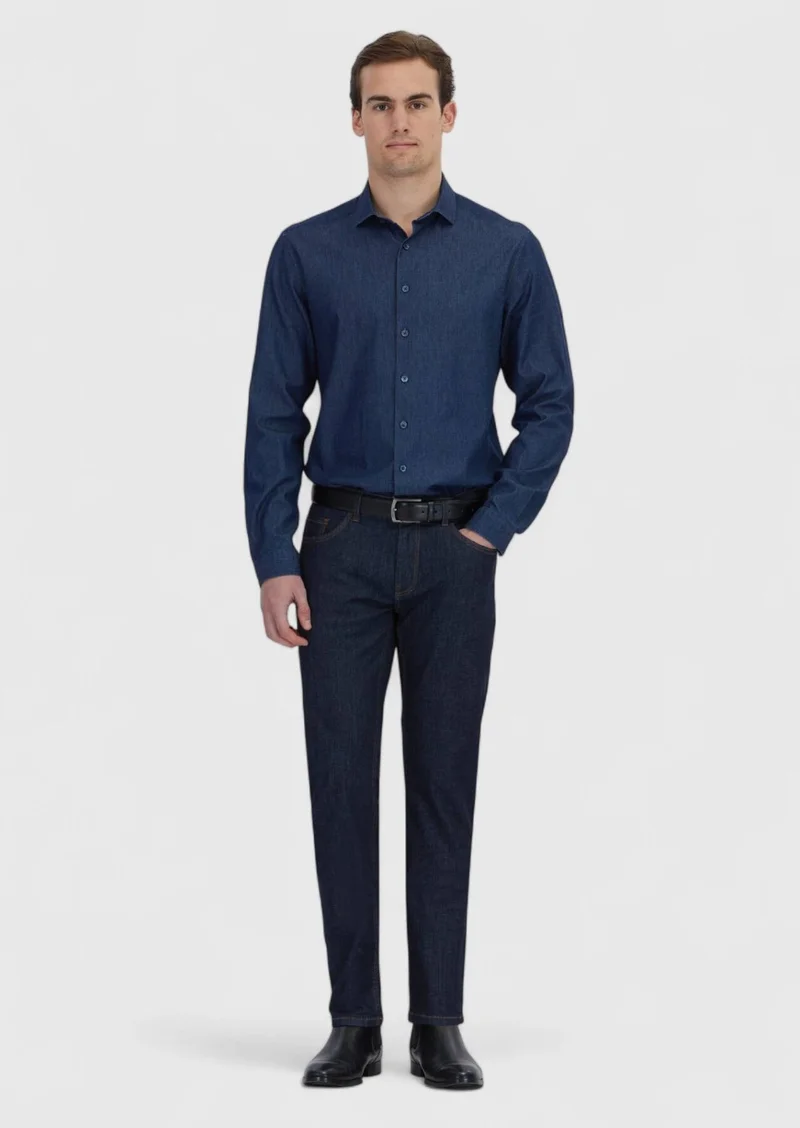 Ramsey Indigo Plain Casual Fit Long Weaving Casual 100% Cotton Shirt