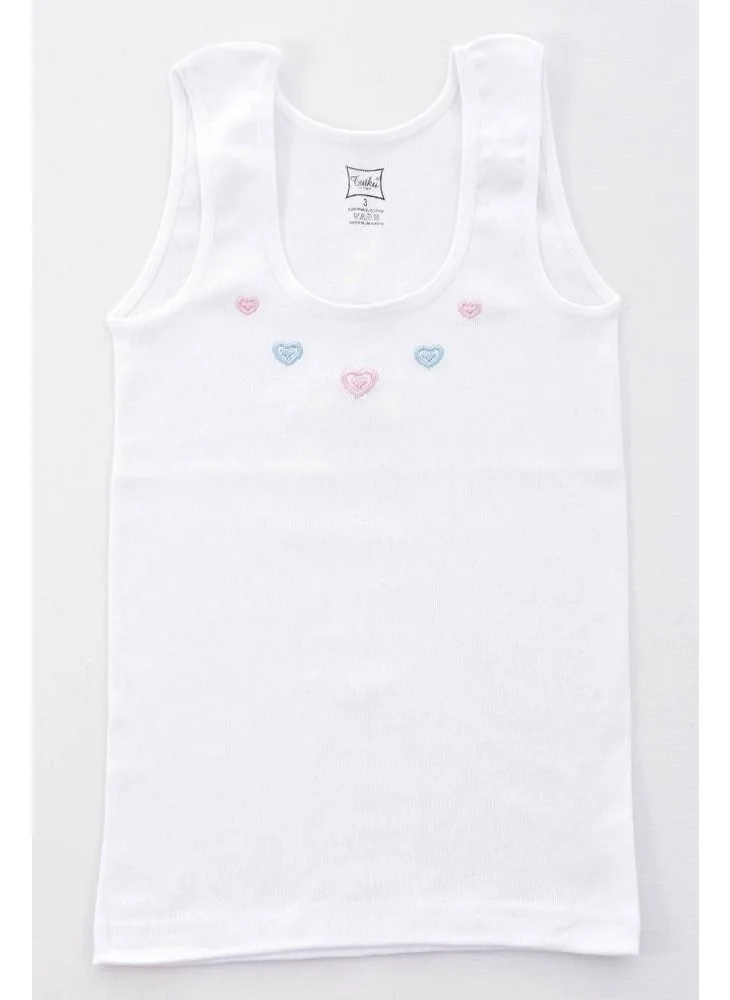 Tutku 100% Cotton Girl's Wide Strap Ribbed Soft Colored Embroidered White Undershirt, Pack of 6