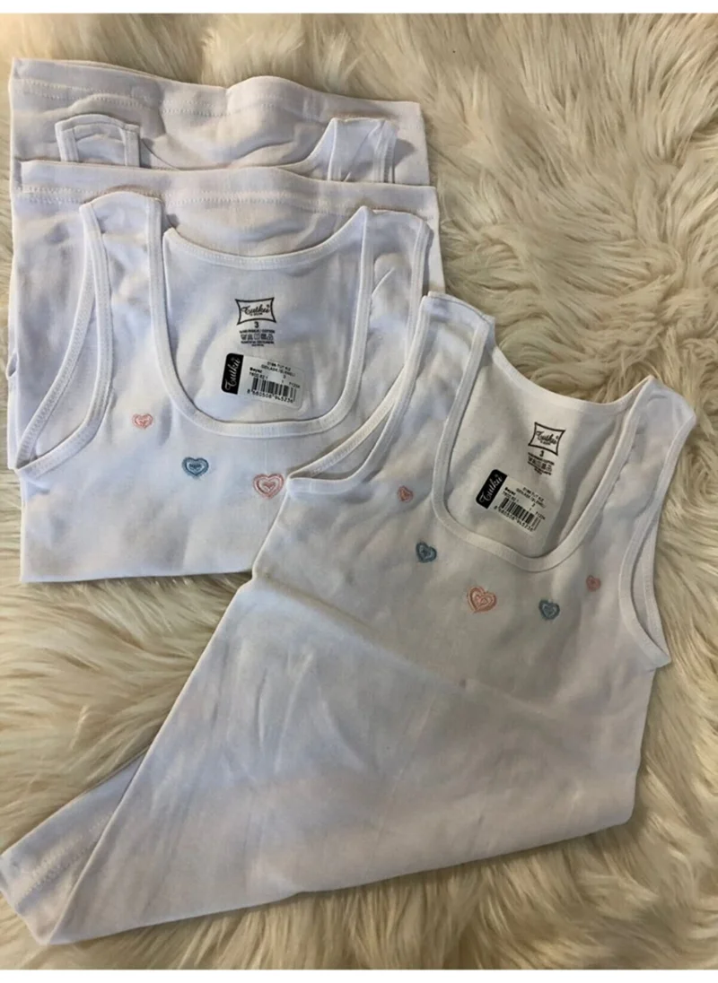 Tutku 100% Cotton Girl's Wide Strap Ribbed Soft Colored Embroidered White Undershirt, Pack of 6