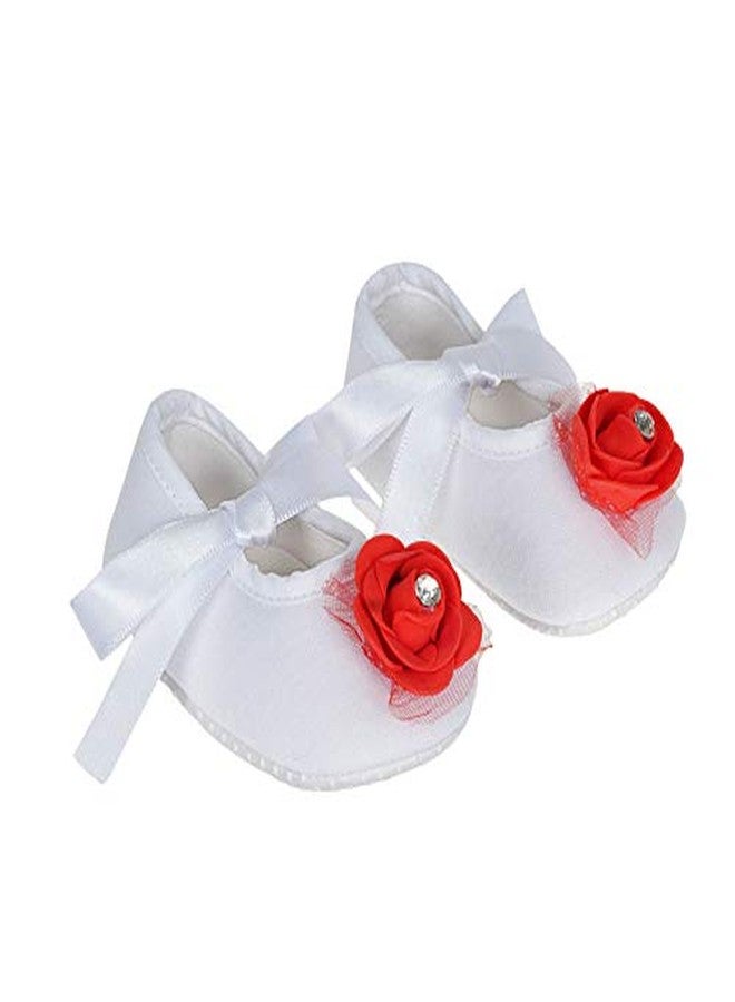 Rsmart Cotton White Booties with Red Rose Flower and Ribbon Closure for Baby Girl & Boy (3_months) - Image 1