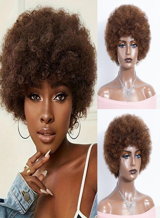 JOEDIR HAIR Short Afro Human Hair Wigs for Black Women Mixed Brown Afro Curly Wig Soft and Bouncy Glueless Wig 130% Density (Color: P4/30) - Image 1