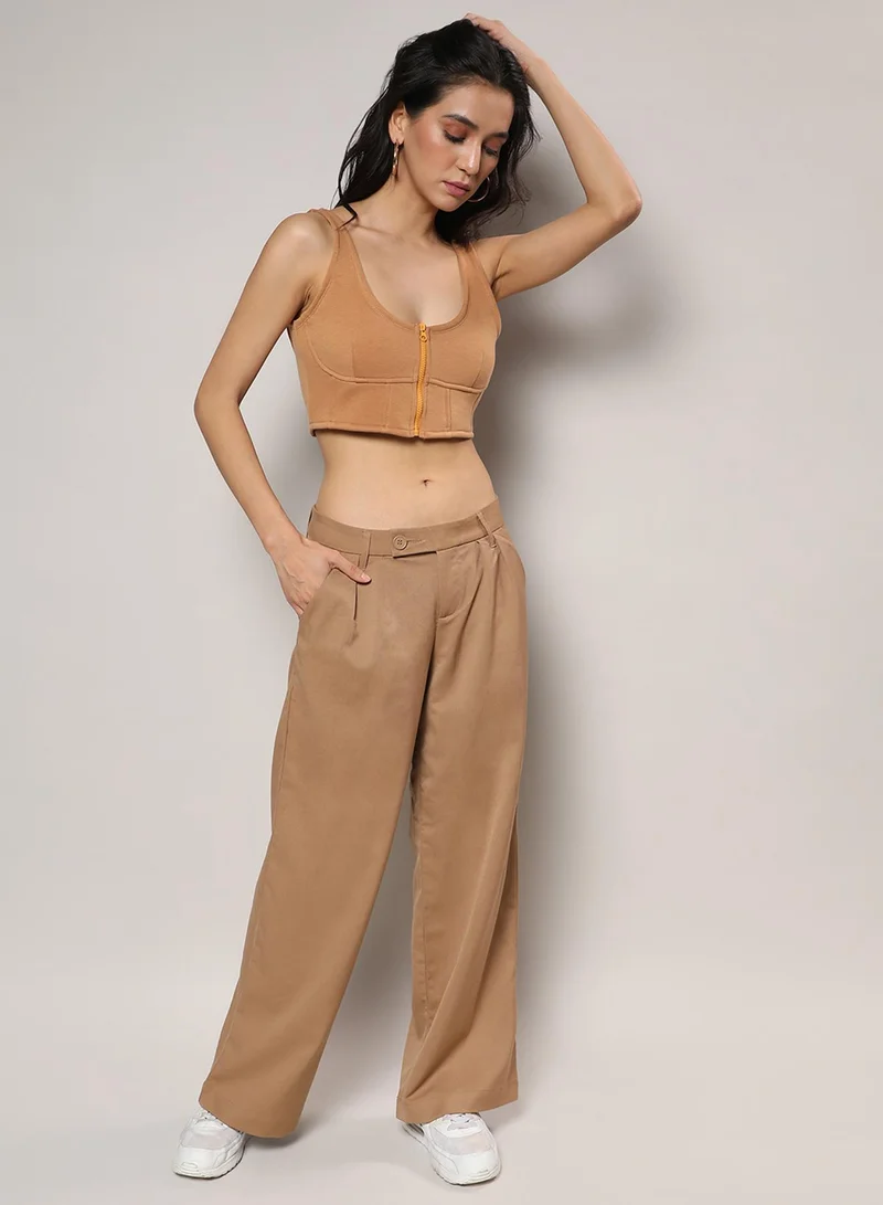 PINACOLADA PINACOLADA Women's Beige Zip-Front Corset Crop Top For Casual Wear | Round Neck | Sleeveless | Zipper Closure | Top Crafted With Comfort Fit For Everyday Wear