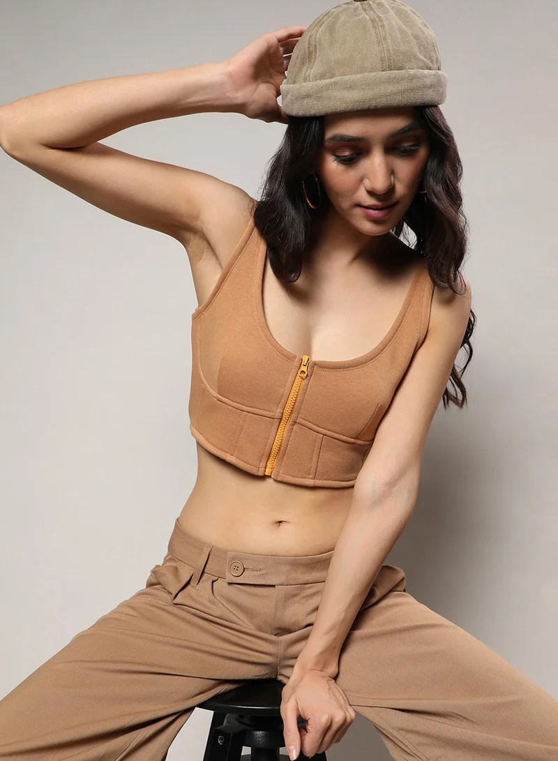 بينيا كولادا PINACOLADA Women's Beige Zip-Front Corset Crop Top For Casual Wear | Round Neck | Sleeveless | Zipper Closure | Top Crafted With Comfort Fit For Everyday Wear
