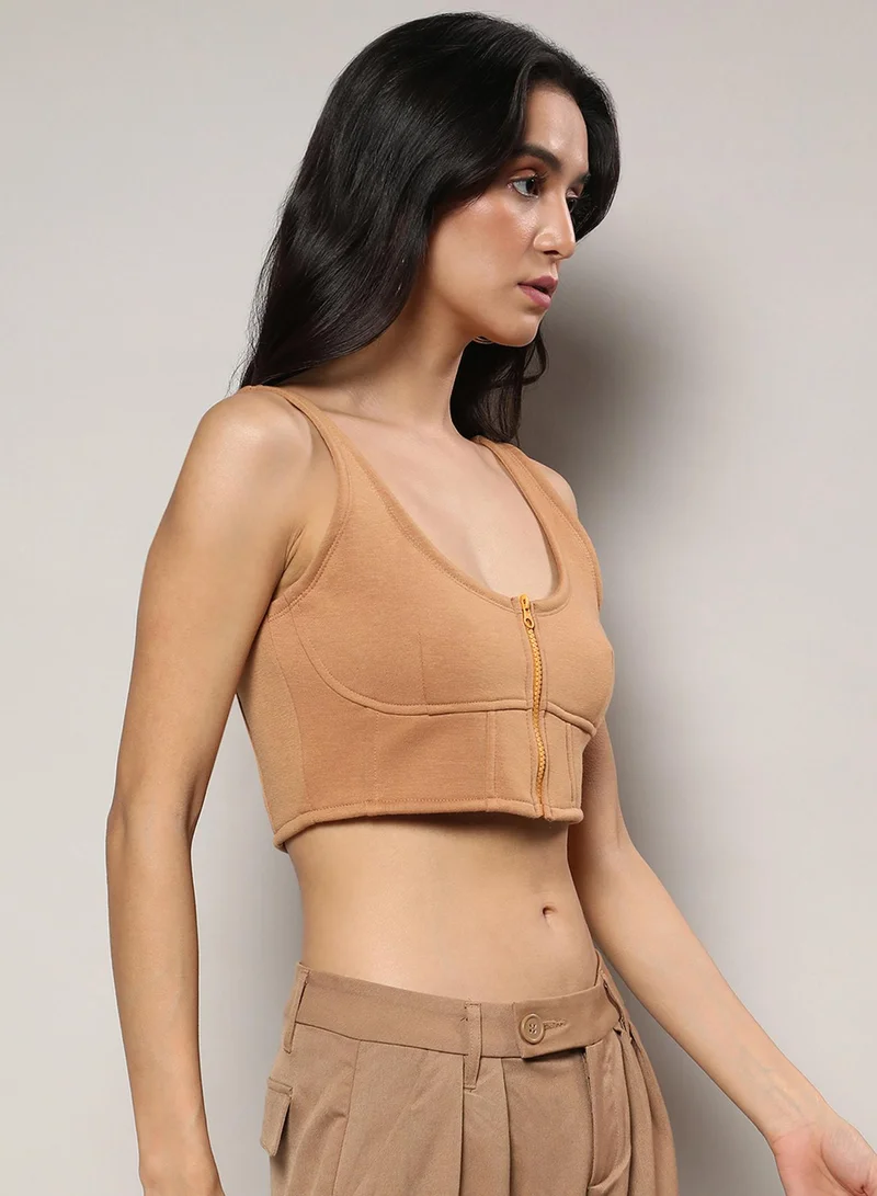 بينيا كولادا PINACOLADA Women's Beige Zip-Front Corset Crop Top For Casual Wear | Round Neck | Sleeveless | Zipper Closure | Top Crafted With Comfort Fit For Everyday Wear