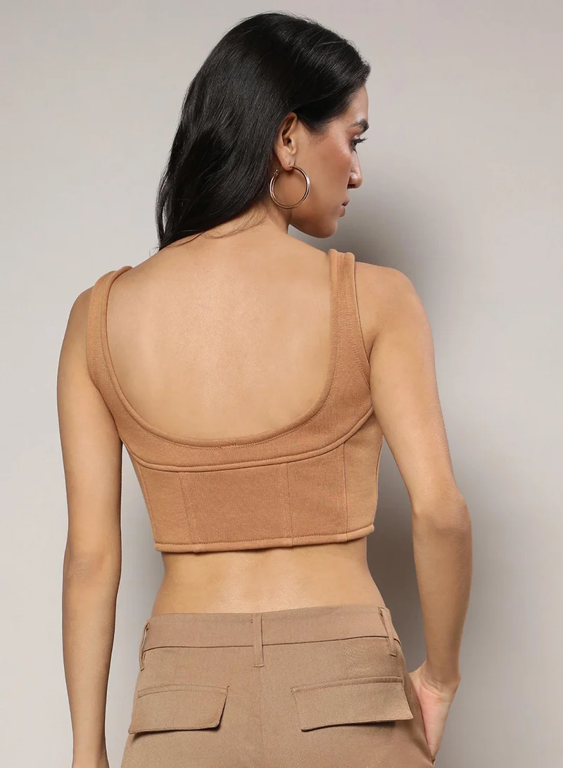 PINACOLADA PINACOLADA Women's Beige Zip-Front Corset Crop Top For Casual Wear | Round Neck | Sleeveless | Zipper Closure | Top Crafted With Comfort Fit For Everyday Wear