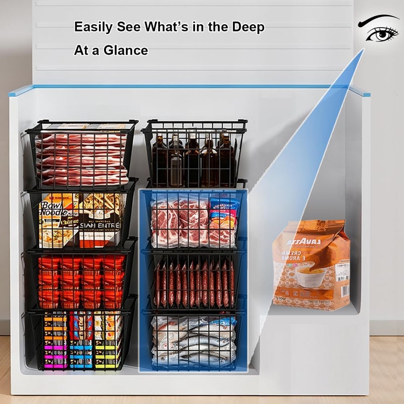 Orgneas Freezer Organizer Bins, 4 Pcs Stackable Chest Freezer Baskets for 7.0 Cu.Ft Deep Freezer Add Space Sort Store Frozen Food, Freezer Storage Baskets with Foldable Handles Easy Reach From Bottom - Image 4