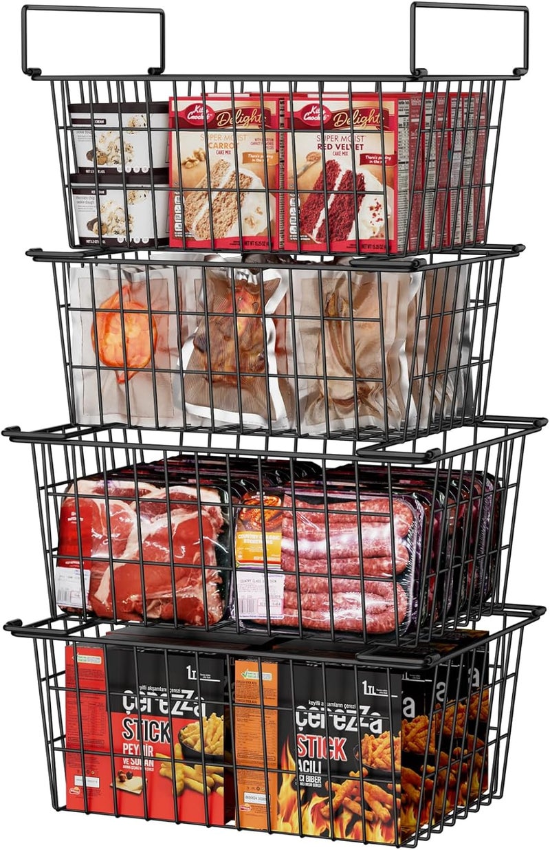 Orgneas Freezer Organizer Bins, 4 Pcs Stackable Chest Freezer Baskets for 7.0 Cu.Ft Deep Freezer Add Space Sort Store Frozen Food, Freezer Storage Baskets with Foldable Handles Easy Reach From Bottom - Image 1