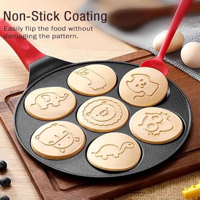 بوليفياز صانعة فطائر صغيرة 26 سم مقلاة إفطار غير لاصقة بتصميم 7 أكواب، صانعة فطائر مثالية للأطفال تتميز بأشكال حيوانات، مقلاة أومليت للطهي على الموقد على الغاز والكهرباء - Image 5