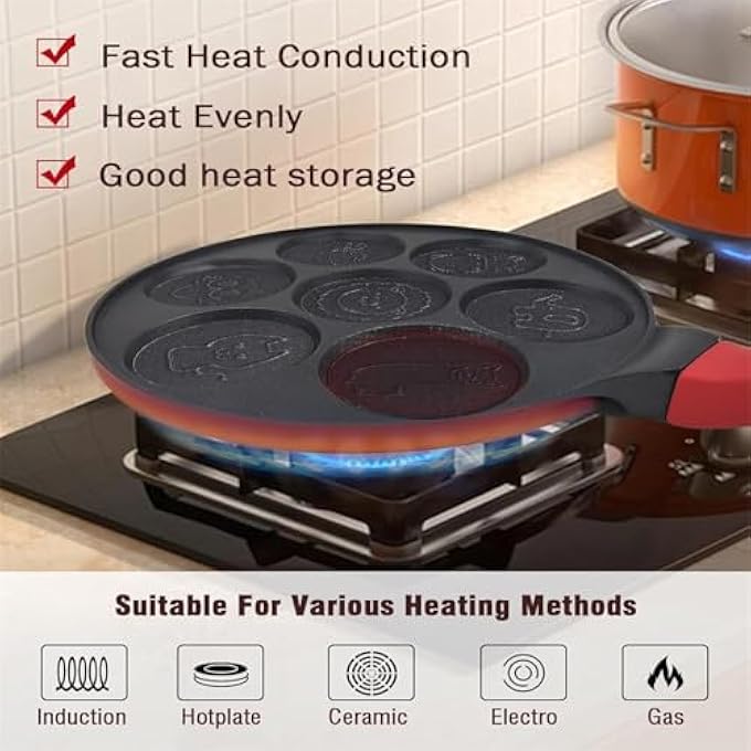 بوليفياز صانعة فطائر صغيرة 26 سم مقلاة إفطار غير لاصقة بتصميم 7 أكواب، صانعة فطائر مثالية للأطفال تتميز بأشكال حيوانات، مقلاة أومليت للطهي على الموقد على الغاز والكهرباء - Image 3