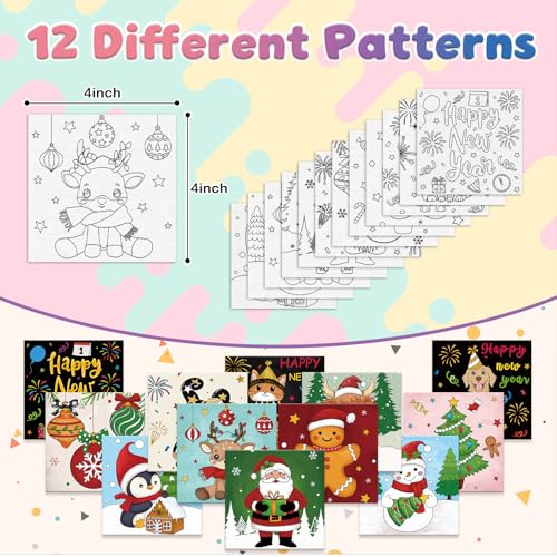 Anseal 12 Packs Pre Drawn Canvas to Paint, 4" X 4" Merry Christmas Happy New Year Pre-Printed Canvas Paint Party, Stretched Outline Painting Boards for Beginners, Party Favor - Image 3