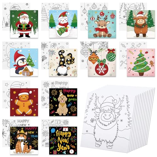 Anseal 12 Packs Pre Drawn Canvas to Paint, 4" X 4" Merry Christmas Happy New Year Pre-Printed Canvas Paint Party, Stretched Outline Painting Boards for Beginners, Party Favor - Image 1