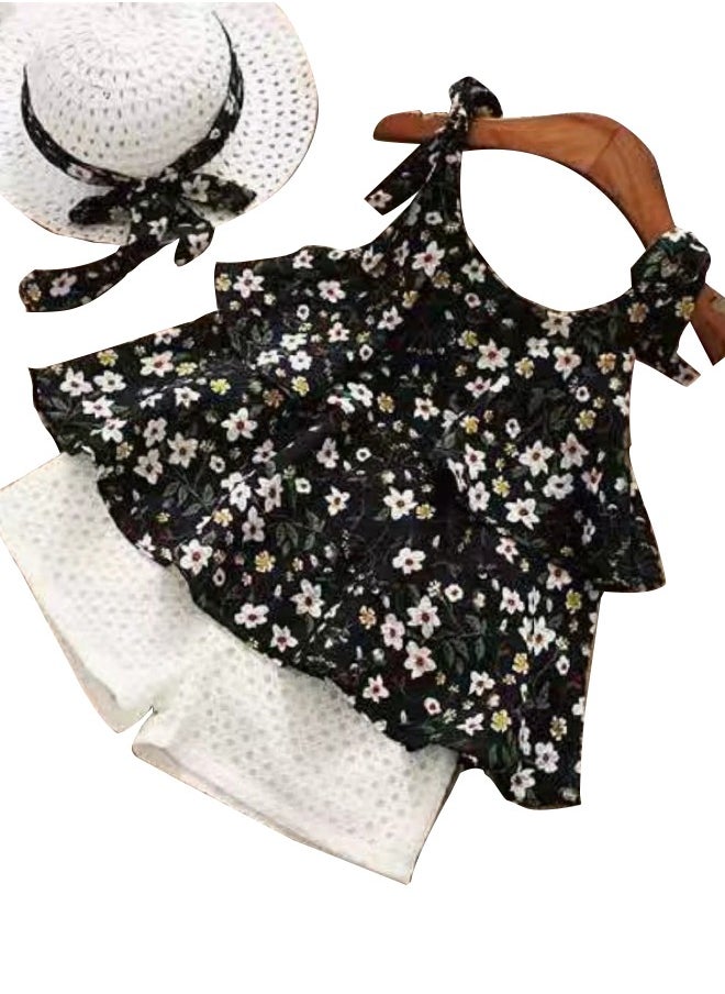 Al Aoyama Girls Clothing Sets Summer Floral Suspender Chiffon  Tops + Solid Shorts Sets 2pcs Kids Clothes Suit 2pcs Outfits with hat  - Image 1