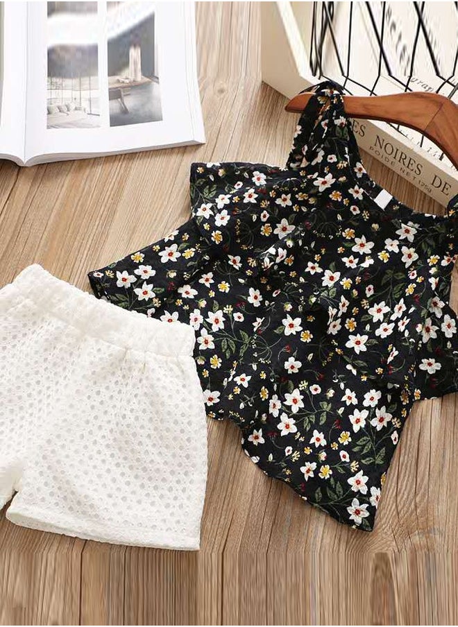 Al Aoyama Girls Clothing Sets Summer Floral Suspender Chiffon  Tops + Solid Shorts Sets 2pcs Kids Clothes Suit 2pcs Outfits with hat  - Image 3