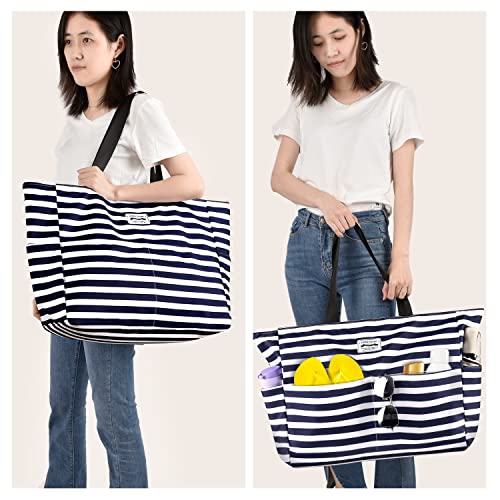 HOMESPON Large Waterproof Beach Bag for Women Sandproof Tote Bag Pool Bag with Zipper and Pockets for Travel Vacation Gym Blue Stripes - Image 3