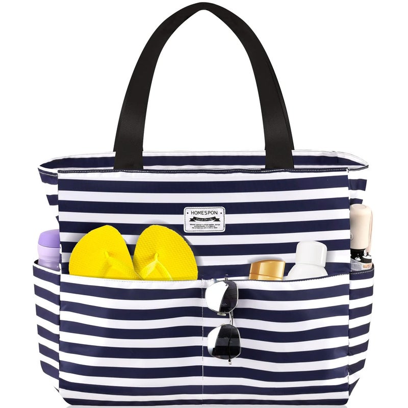 HOMESPON Large Waterproof Beach Bag for Women Sandproof Tote Bag Pool Bag with Zipper and Pockets for Travel Vacation Gym Blue Stripes - Image 2
