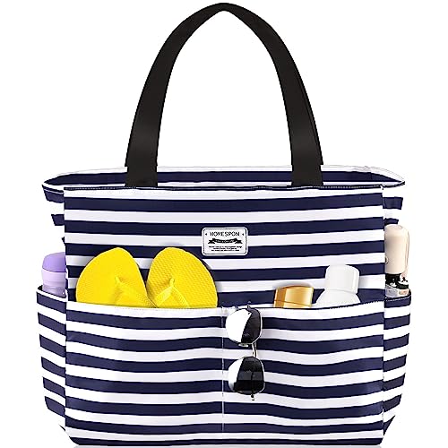 HOMESPON Large Waterproof Beach Bag for Women Sandproof Tote Bag Pool Bag with Zipper and Pockets for Travel Vacation Gym Blue Stripes - Image 1