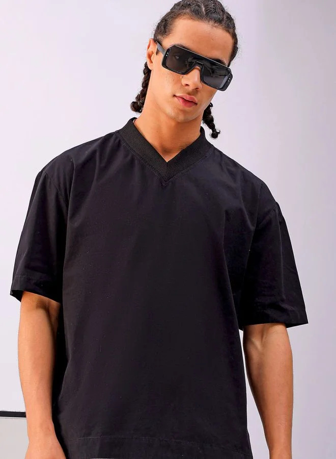 The Indian Garage Co Men Boxy Fit Solid Half Sleeves V-Neck Street Wear Shirt